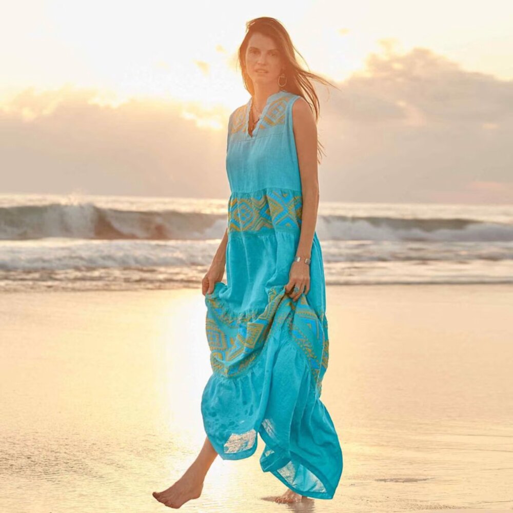 $842 Haris Cotton 100% Linen Maxi Dress Embroidered Blue Turquoise & Gold size L